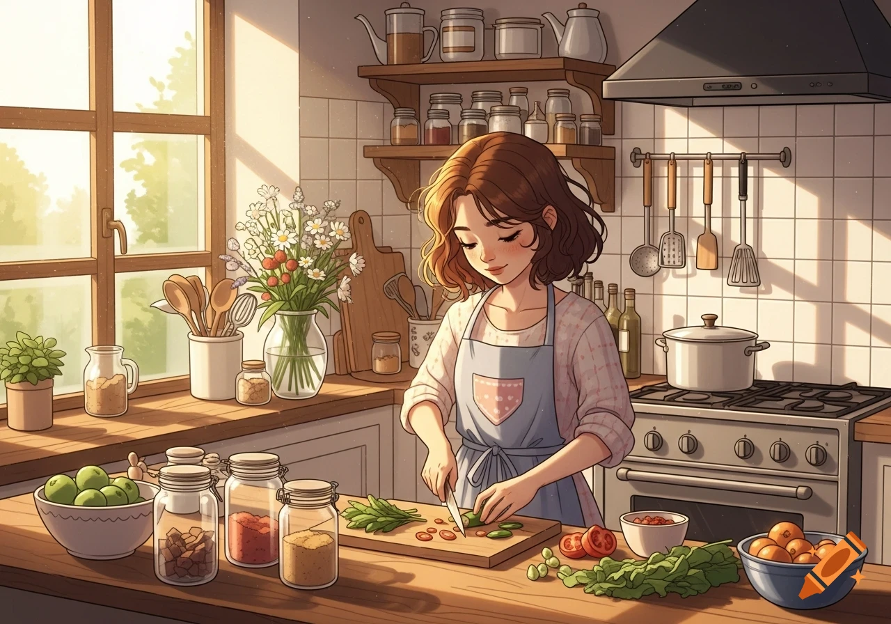 An anime-style girl chopping vegetables on a cutting board in a sunny, cozy kitchen.