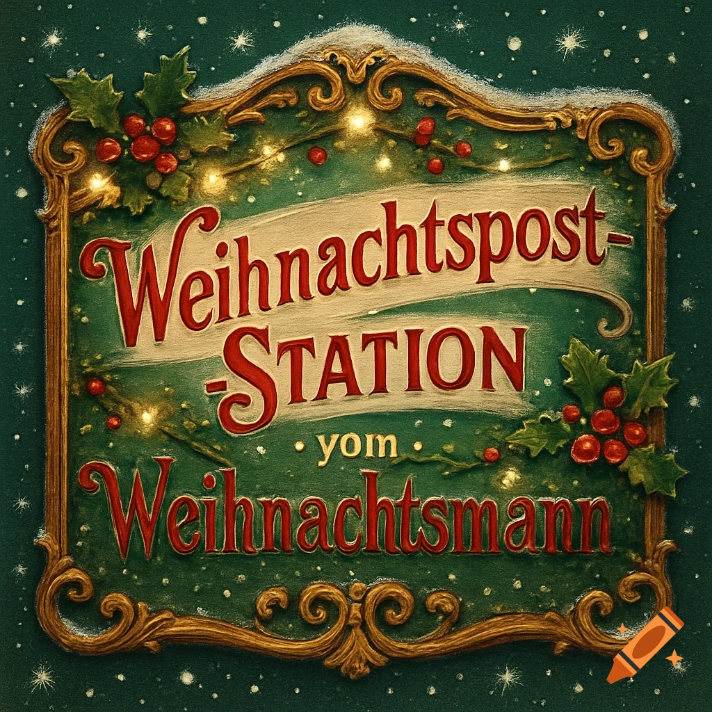 Vintage-style Christmas sign with gold trim, holly, lights, and snow, reading 'Christmas Post Station from Santa Claus'.