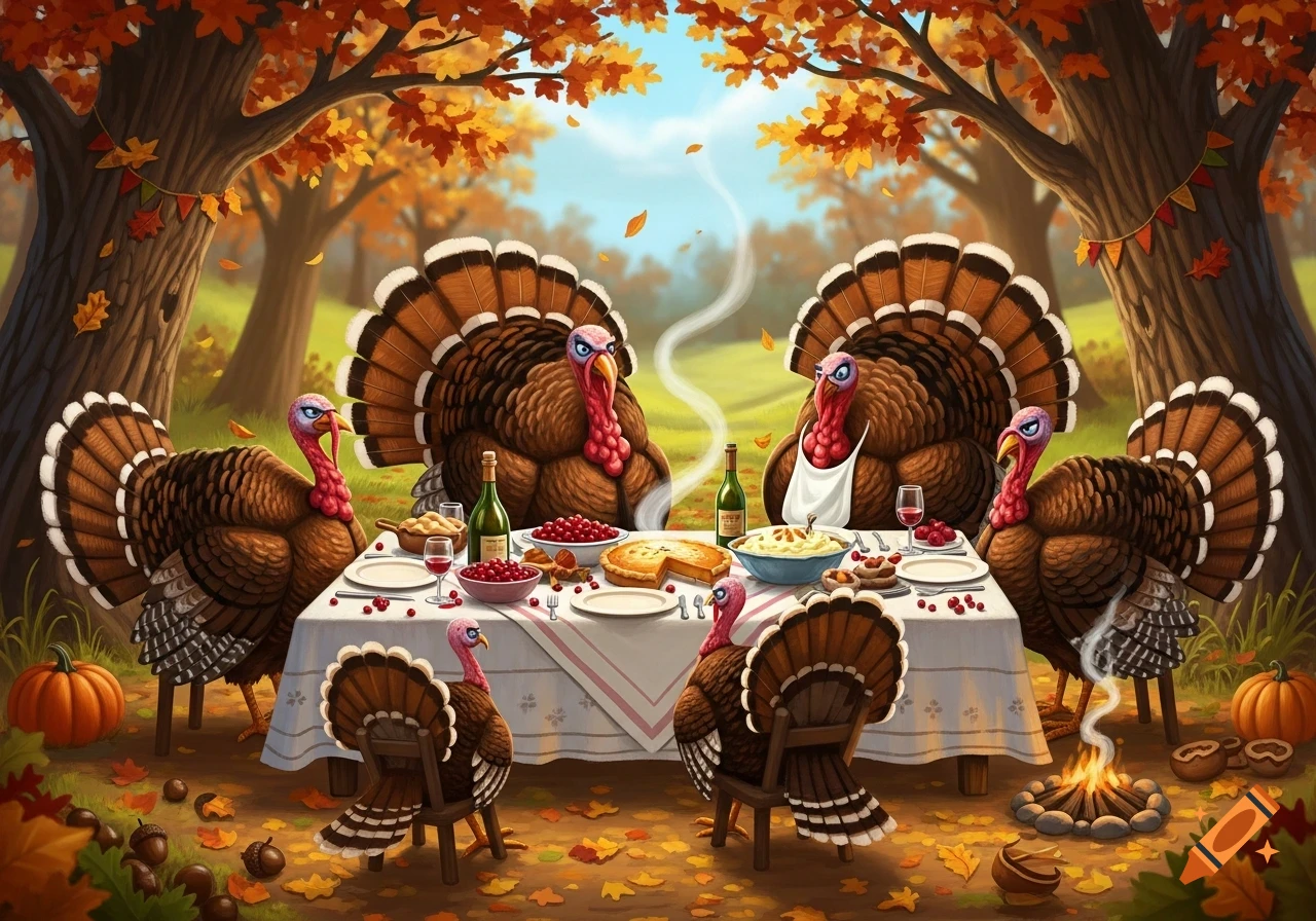 Cartoon turkeys gather for a Thanksgiving dinner outdoors under autumn trees, with a bonfire nearby.