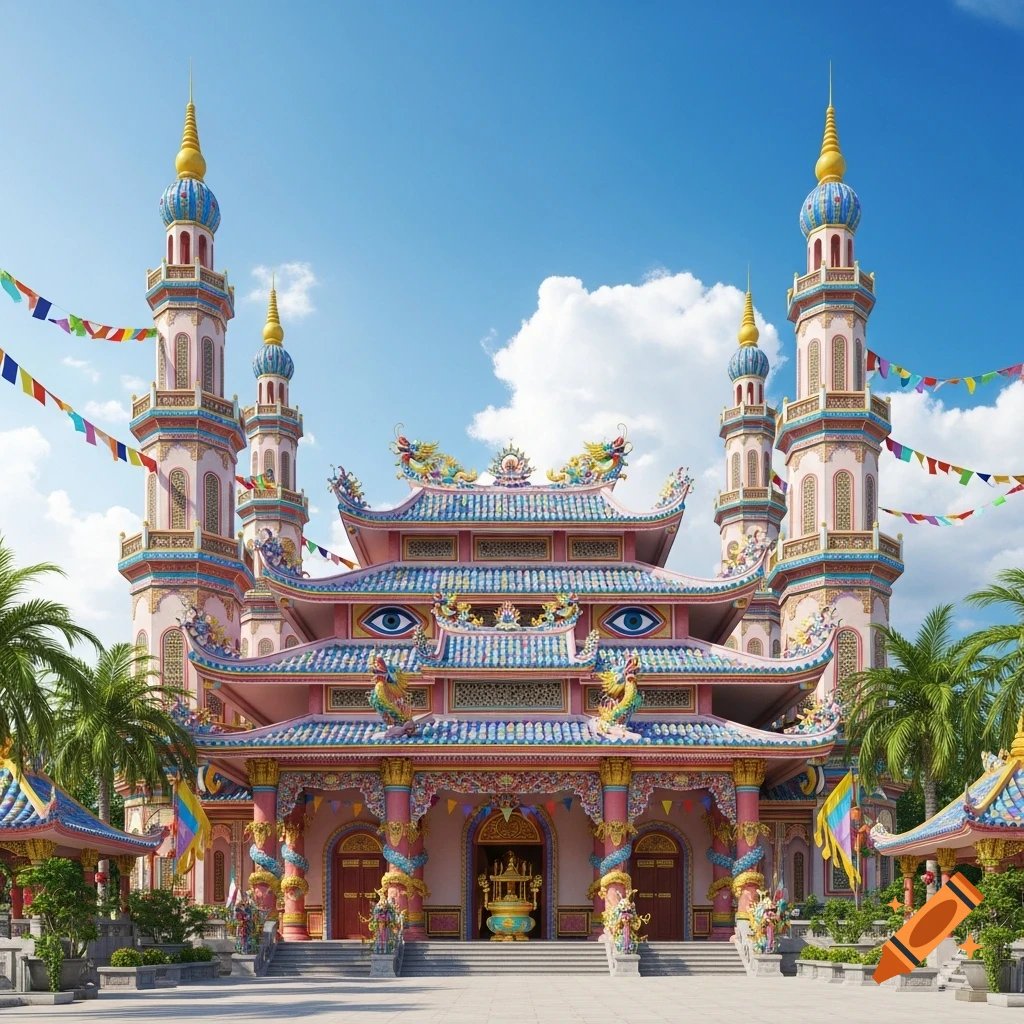 A vibrant and ornate pink and blue Caodaist temple with multiple spires, intricate details, dragons, and prominent eyes, surrounded by palm trees under a blue sky.