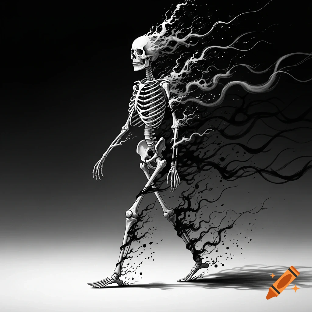 A stylized black and white illustration of a skeleton walking, its body dissolving into black smoke and ink trails.