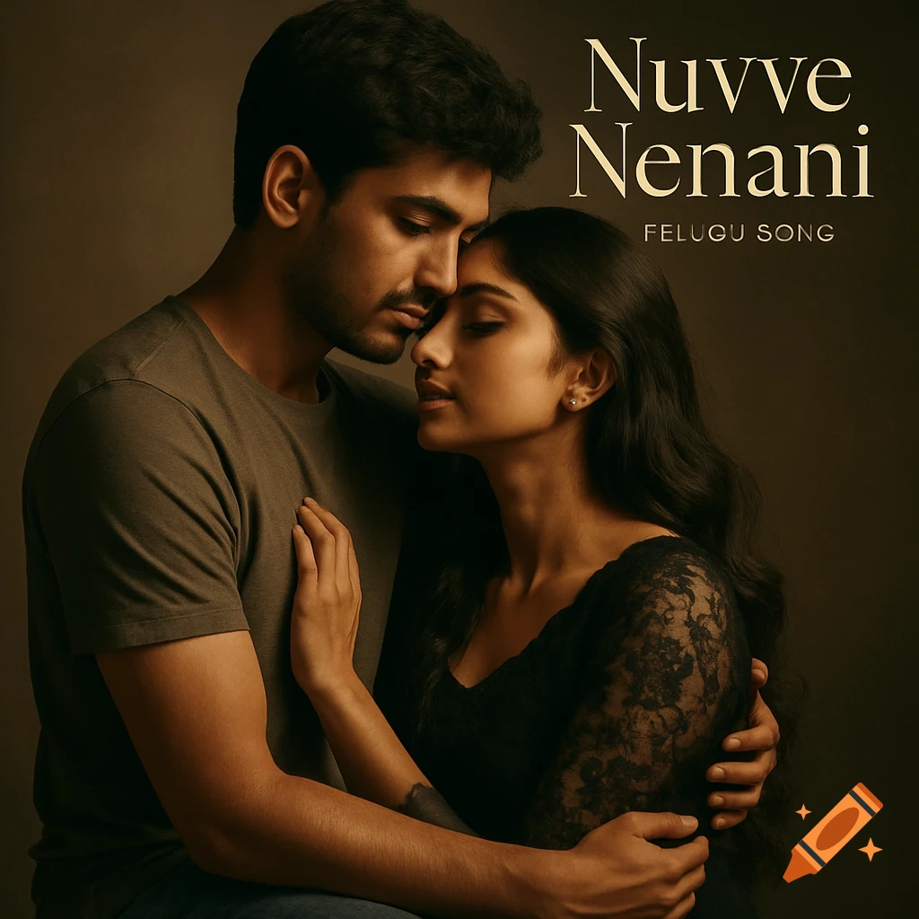 Cinematic shot of a young Indian couple embracing, with the man gently holding the woman. Text 'Nuvve Nenani FELUGU SONG' is in the top right.