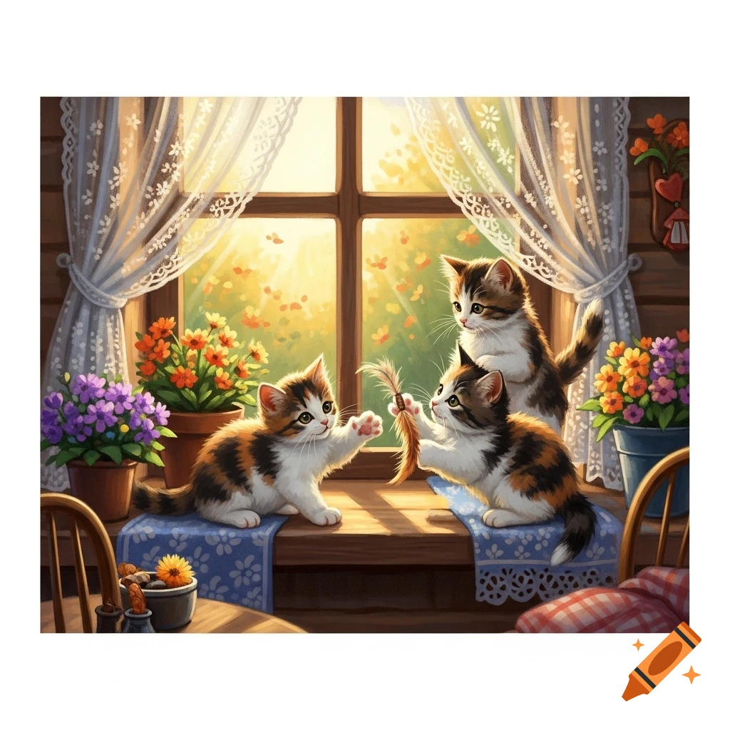 Three calico kittens play in a sunlit window with potted flowers, in a charming painted style.