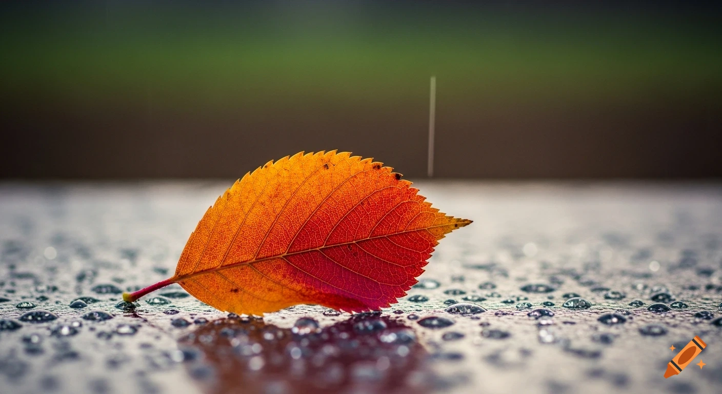A close-up shot of a vibrant red and orange autumn leaf resting on a wet surface covered in water droplets, with a blurred green and brown background.