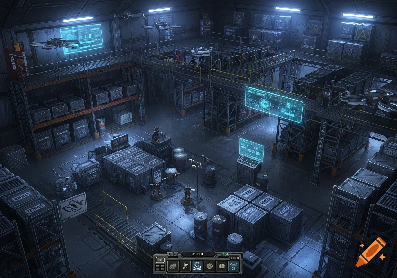 An isometric view of a futuristic, dimly lit depot warehouse battlemap with glowing blue holographic displays, shelves packed with crates, drones, and small armored figures. A UI element is at the bottom.