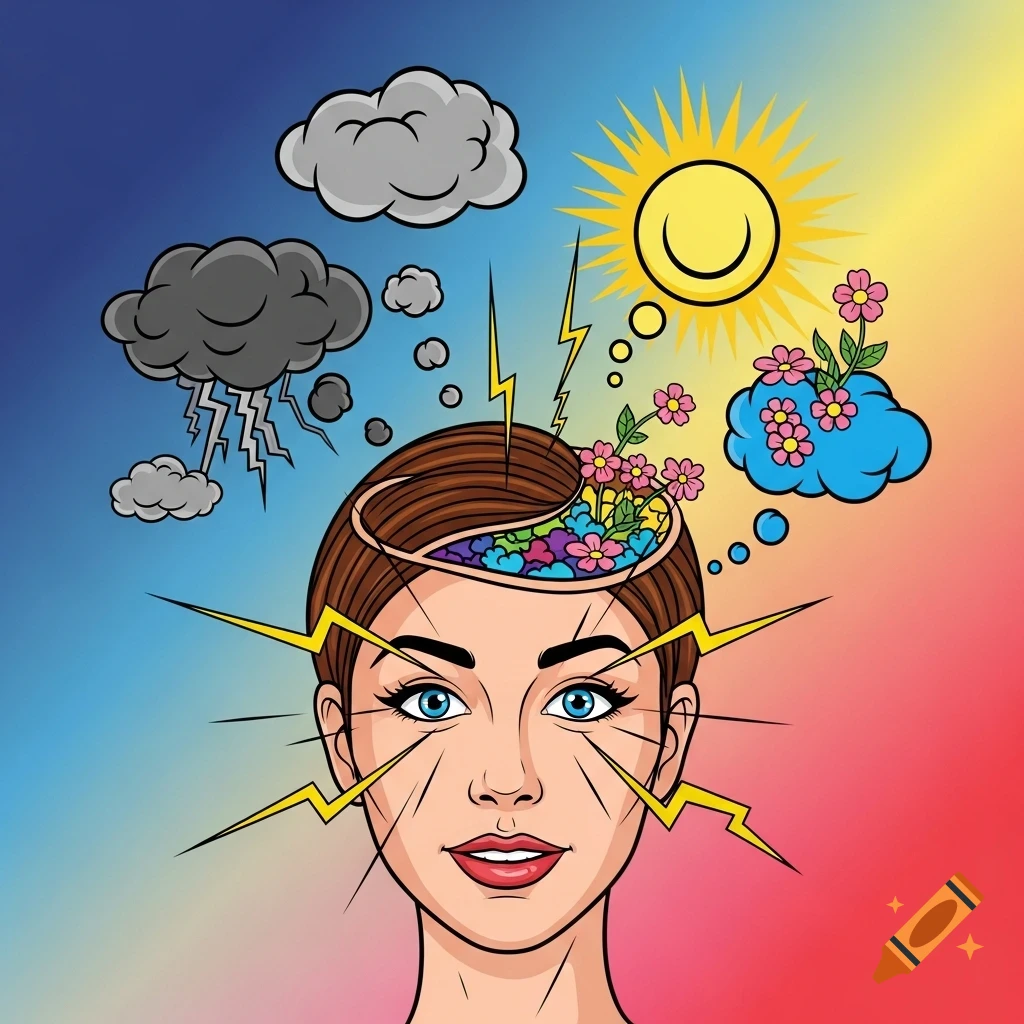 Comic art illustration of a woman's head, her open brain showing flowers and a sun, contrasted with storm clouds.