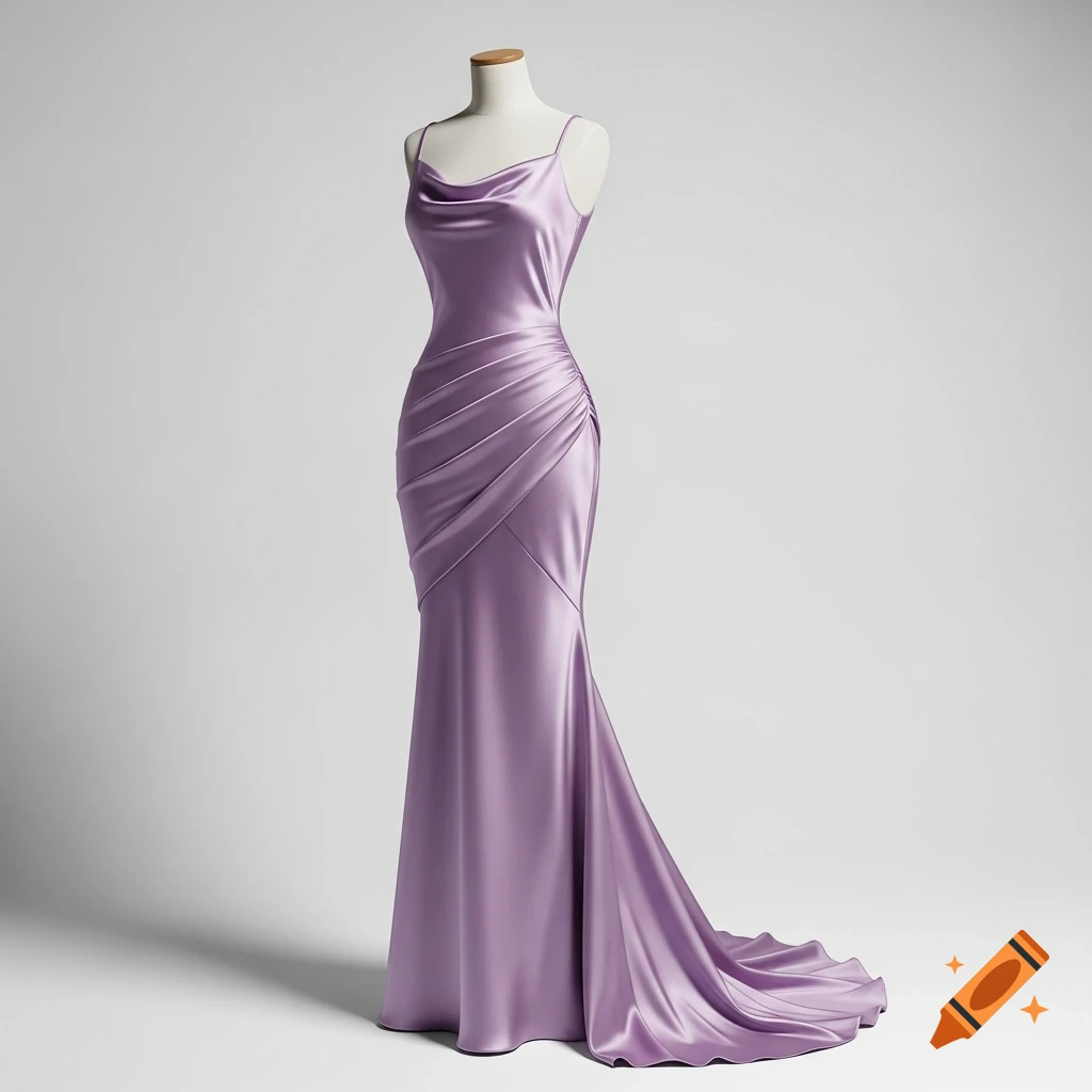 A purple satin mermaid-style dress on a mannequin against a plain background.