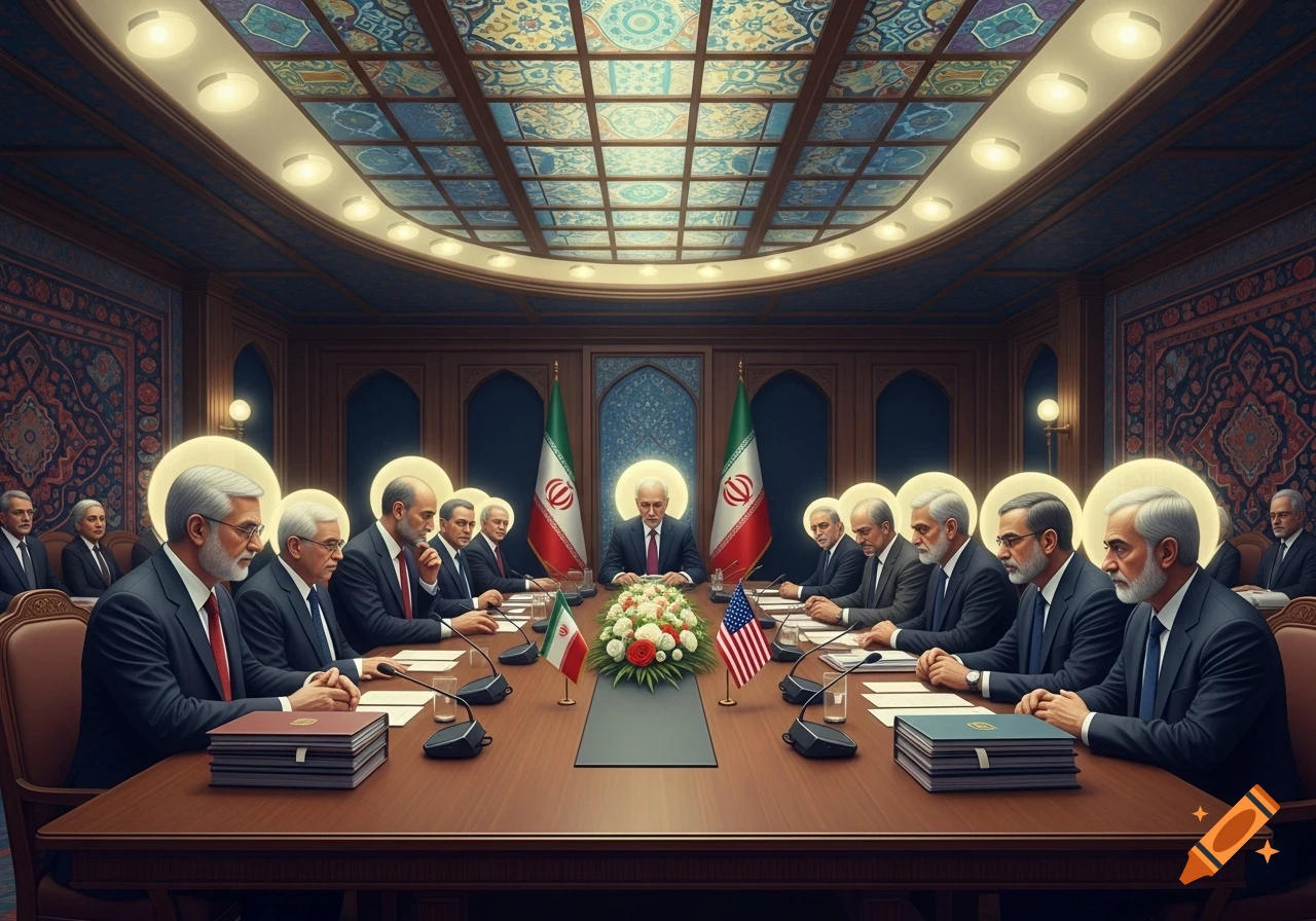 Men in suits meet around a large wooden table with Iranian and American flags, bathed in light in an ornate room, symbolizing negotiations.