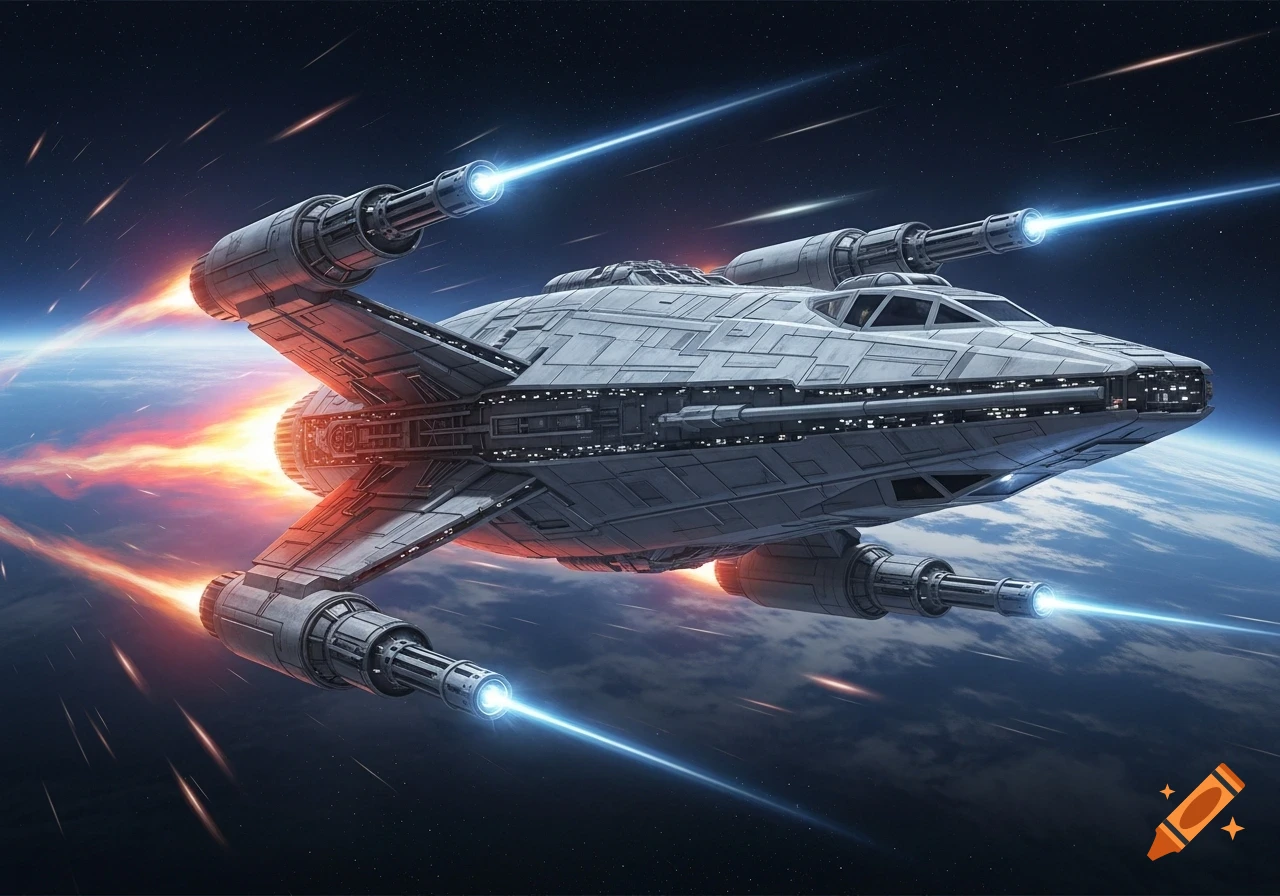 A sleek grey Star Wars-style spaceship with six laser cannons and glowing engines flies above a planet in space.