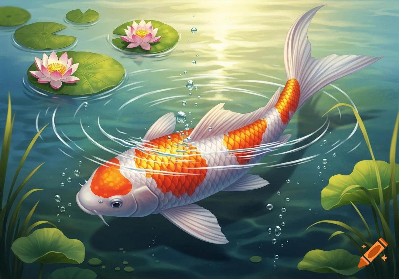 An orange and white koi fish swims in clear water with green lily pads and pink lotus flowers, vibrant illustration.