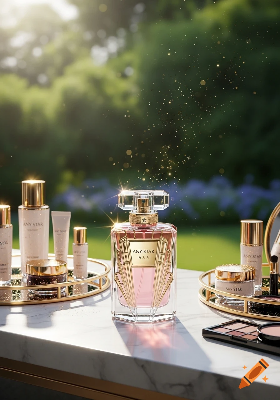 A glittery 'ANY STAR' perfume bottle, skincare, and makeup products on a marble table outdoors.