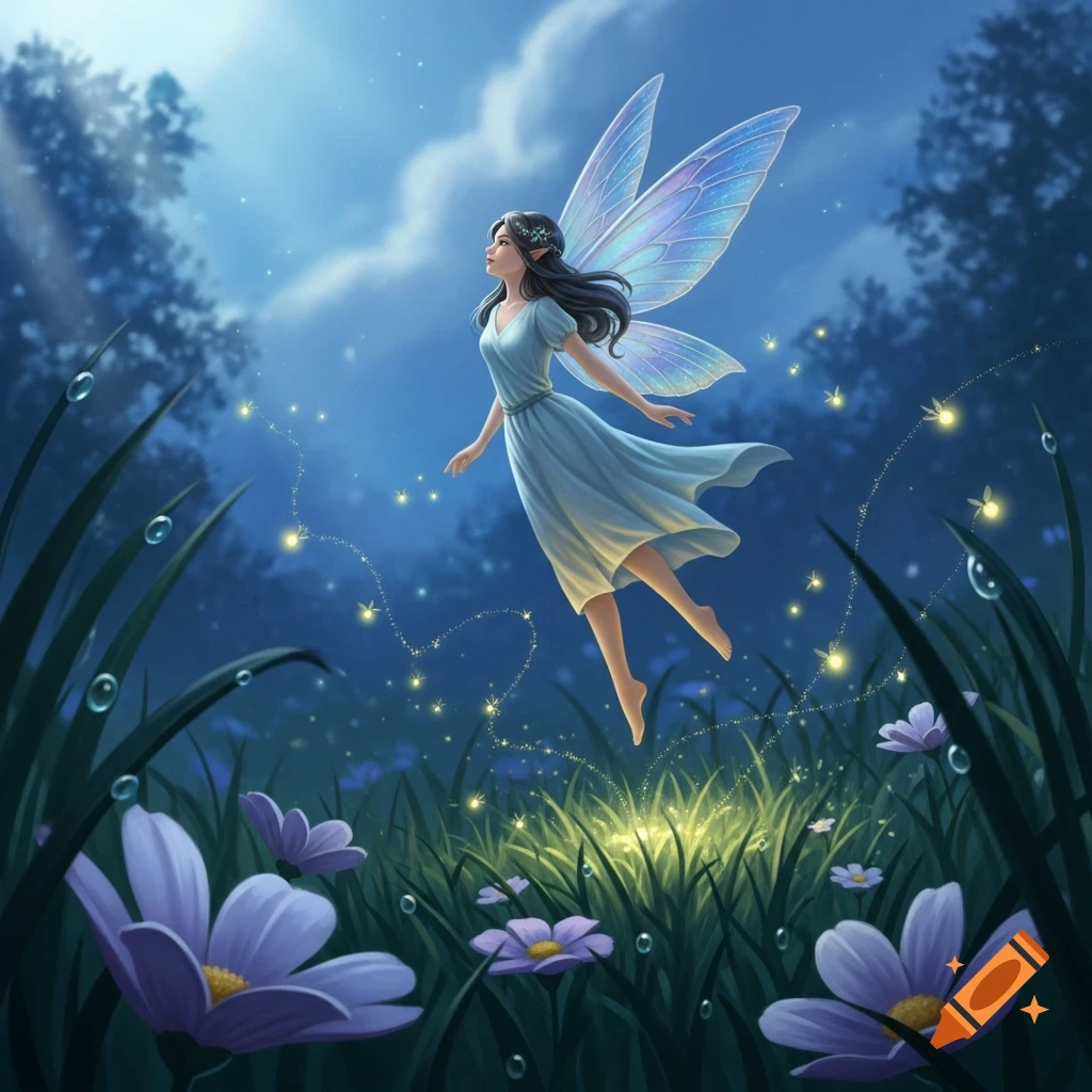 A dark-haired fairy with shimmering wings flies over a magical forest floor filled with purple flowers and glowing fireflies at night.
