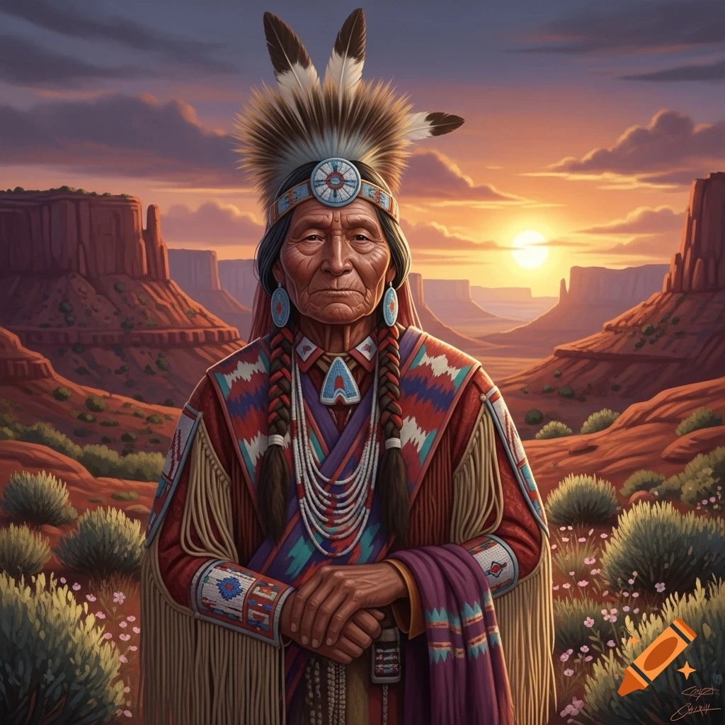 A detailed portrait of an elderly Native American man wearing a feathered headdress and traditional clothing, set against a desert sunset with mesas.