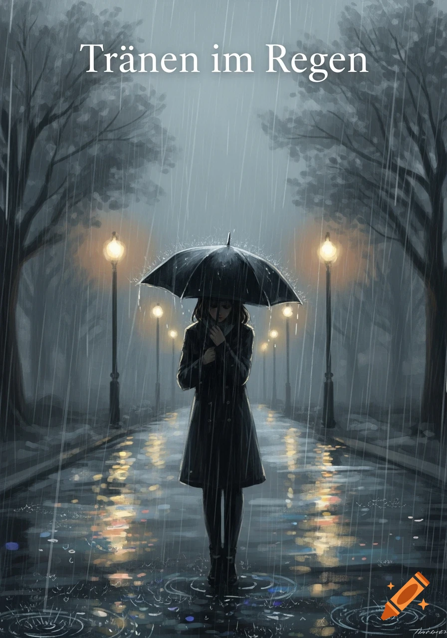 A person in a black coat holds an umbrella on a rainy street at night, with glowing streetlights and reflections. Text 'Tränen im Regen'.