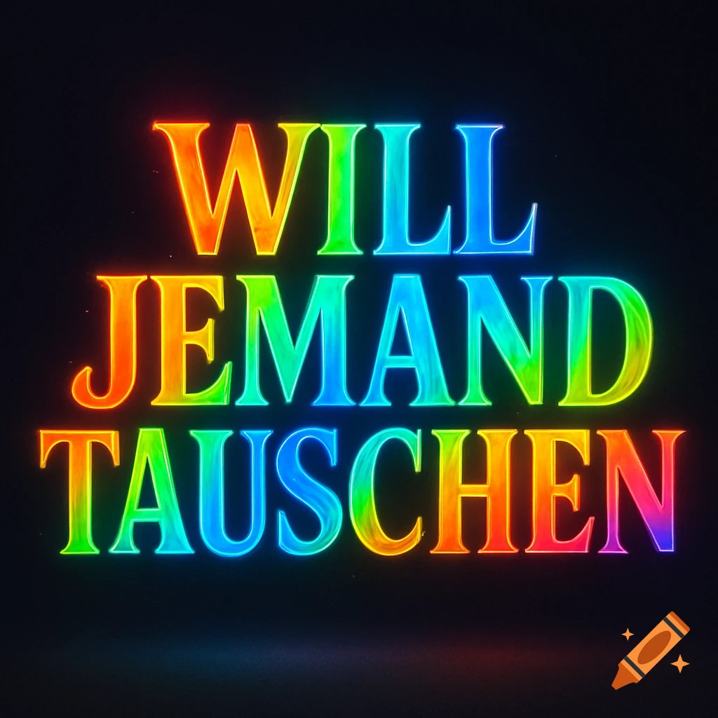 The phrase 'WILL JEMAND TAUSCHEN' in large, glowing, rainbow-colored letters on a dark background.