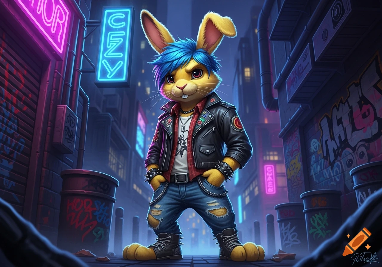 An anthropomorphic yellow rabbit with blue hair, wearing a black leather jacket, ripped jeans, and spiked wristbands, stands in a neon-lit grunge alley with graffiti.