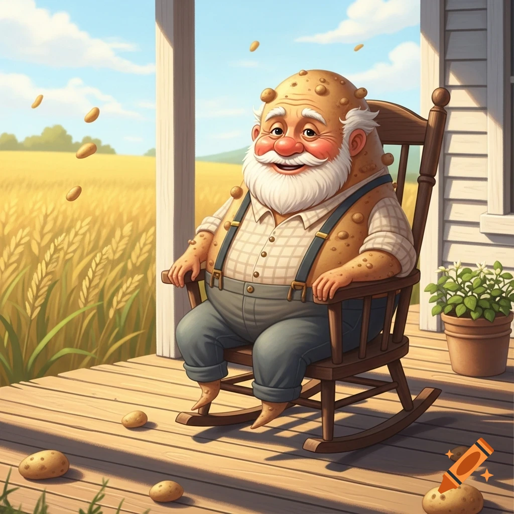 Cartoon grandpa with potato skin and feet, white beard, sits in a rocking chair on a porch with potatoes, wheat field behind.