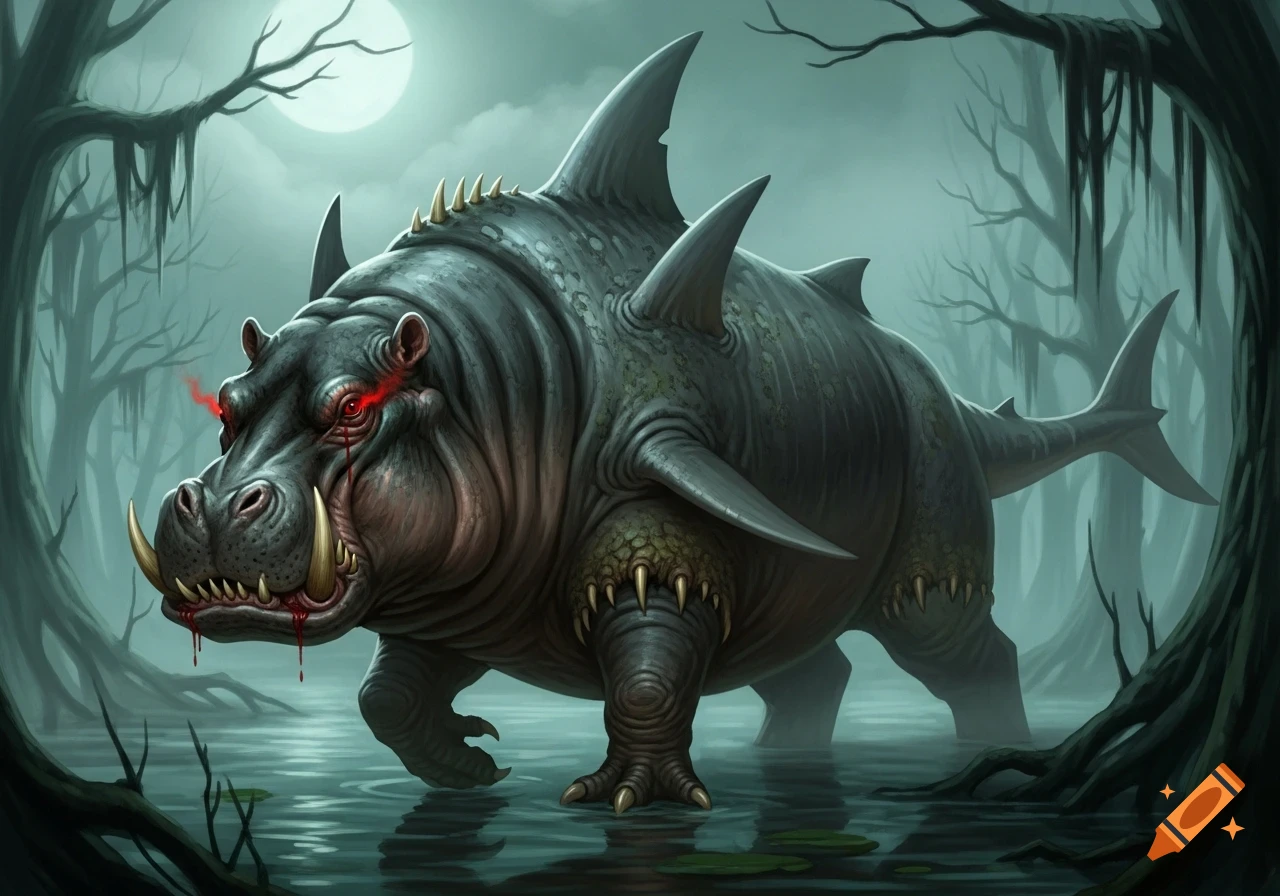 A terrifying hippo-shark hybrid monster with glowing red eyes and bloody fangs in a dark swamp at night, digital art.