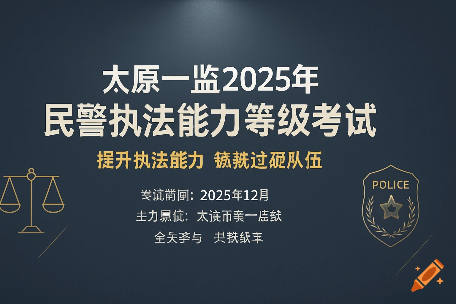A blue-gray promotional poster for the Taiyuan No. 1 Prison 2025 Police Law Enforcement Ability Level Examination, featuring a scale of justice and a police badge.