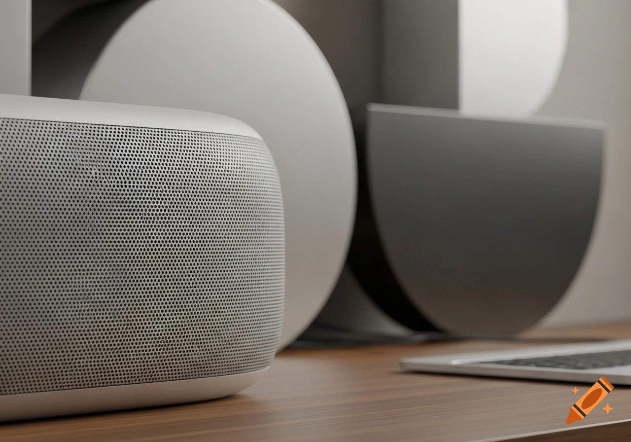 Close-up of a light grey speaker with mesh grille on a wooden surface, abstract geometric shapes and a laptop in the blurred background.