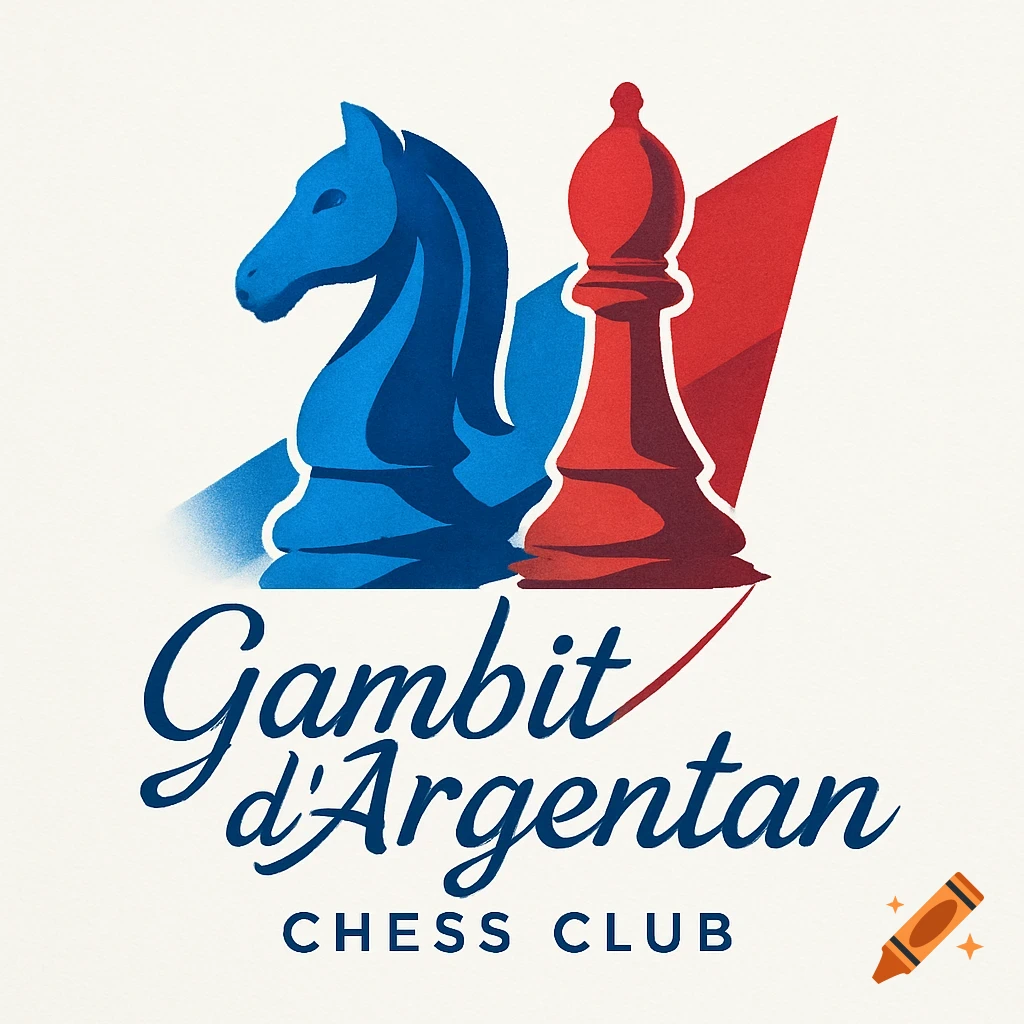 Modern logo for Gambit d'Argentan Chess Club, featuring a blue knight and a red bishop with a textured background.