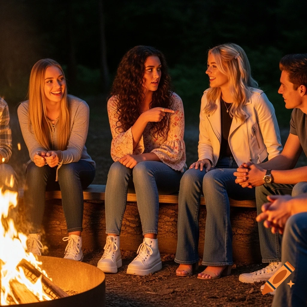 Young friends sit on a bench around a campfire at night, smiling and talking, with trees in the background.