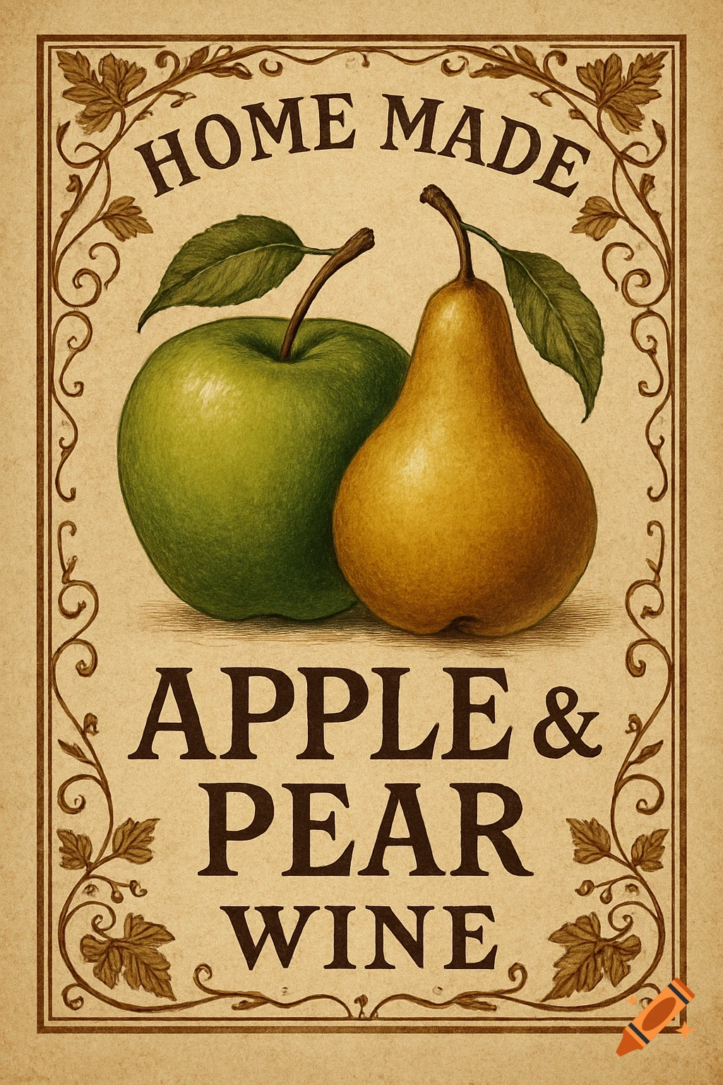 Vintage-style label with a green apple, a golden pear, and the text 'HOME MADE APPLE & PEAR WINE' on a rustic background.