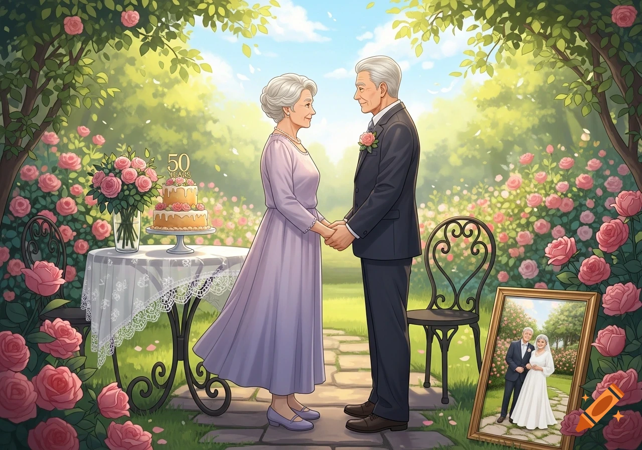 An elderly couple holds hands in a lush rose garden, celebrating their 50th anniversary with a cake, in an illustrative style. A framed picture shows them younger.