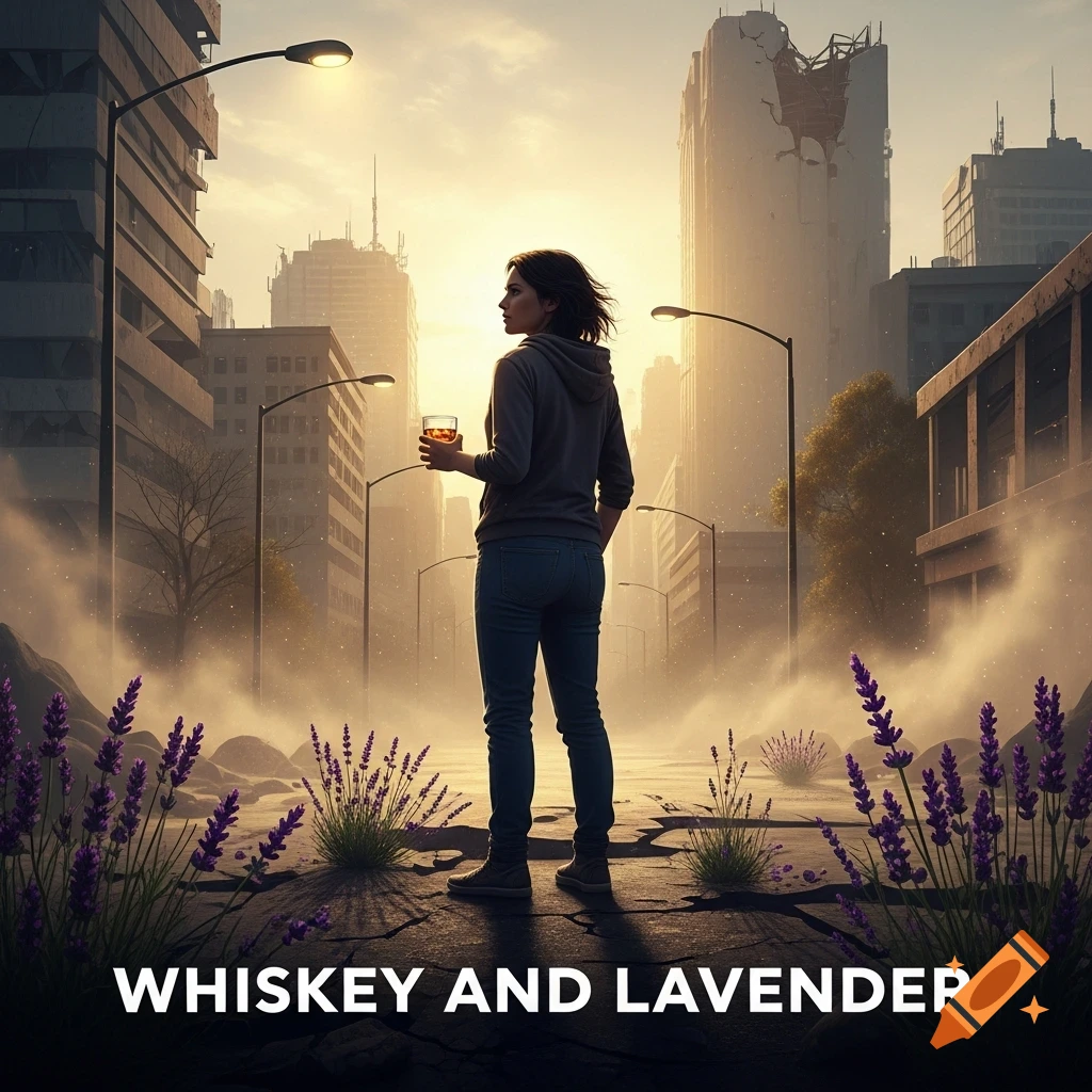 Woman holding whiskey, looking into a misty, apocalyptic city with lavender plants in the foreground.