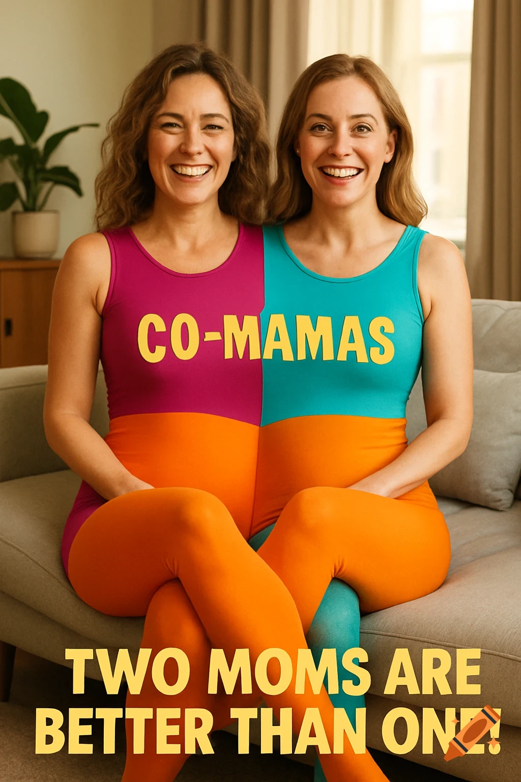 Two women in a pink and blue split leotard, forming a 'Co-Mamas' costume, sit on a couch. Text reads: 'TWO MOMS ARE BETTER THAN ONE!'