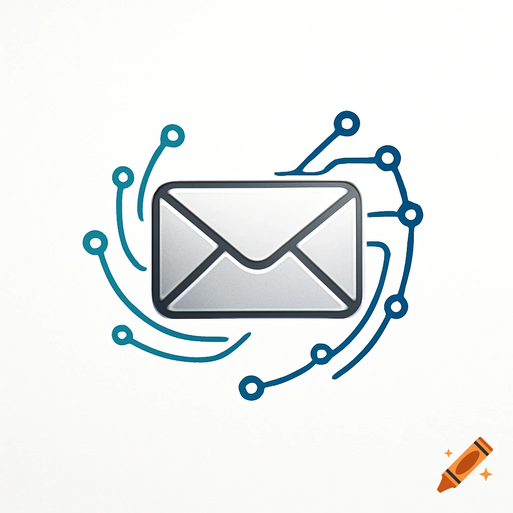A minimalist silver email envelope icon surrounded by blue and teal circuit lines.