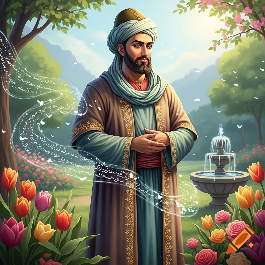 A bearded man in a turban and traditional Middle Eastern attire stands in a lush garden with flowers and a fountain, surrounded by glowing script.