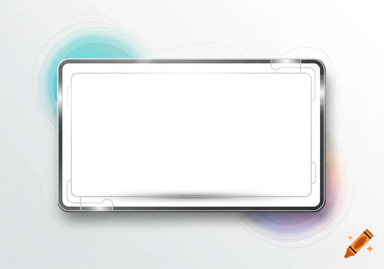 A blank rectangular metallic frame with rounded corners on an abstract light grey background with teal and purple wavy lines.