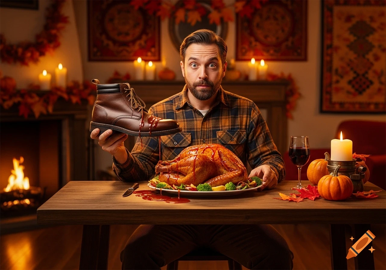 A surprised man holds a boot dripping sauce onto a roasted turkey at a Thanksgiving dinner table with autumn decorations.