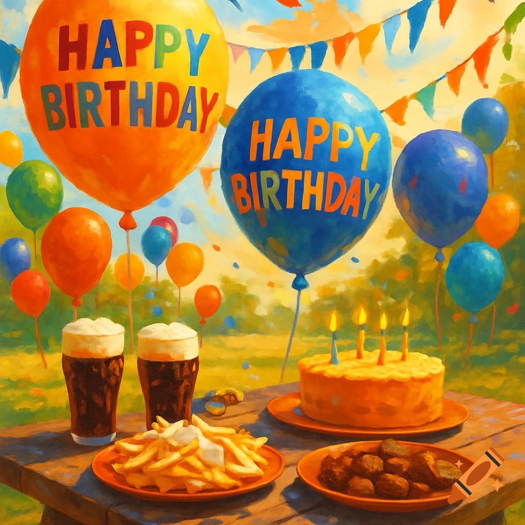 A painterly birthday party scene with "HAPPY BIRTHDAY" balloons, a lit cake, beers, fries, and stewed meat on a wooden table.