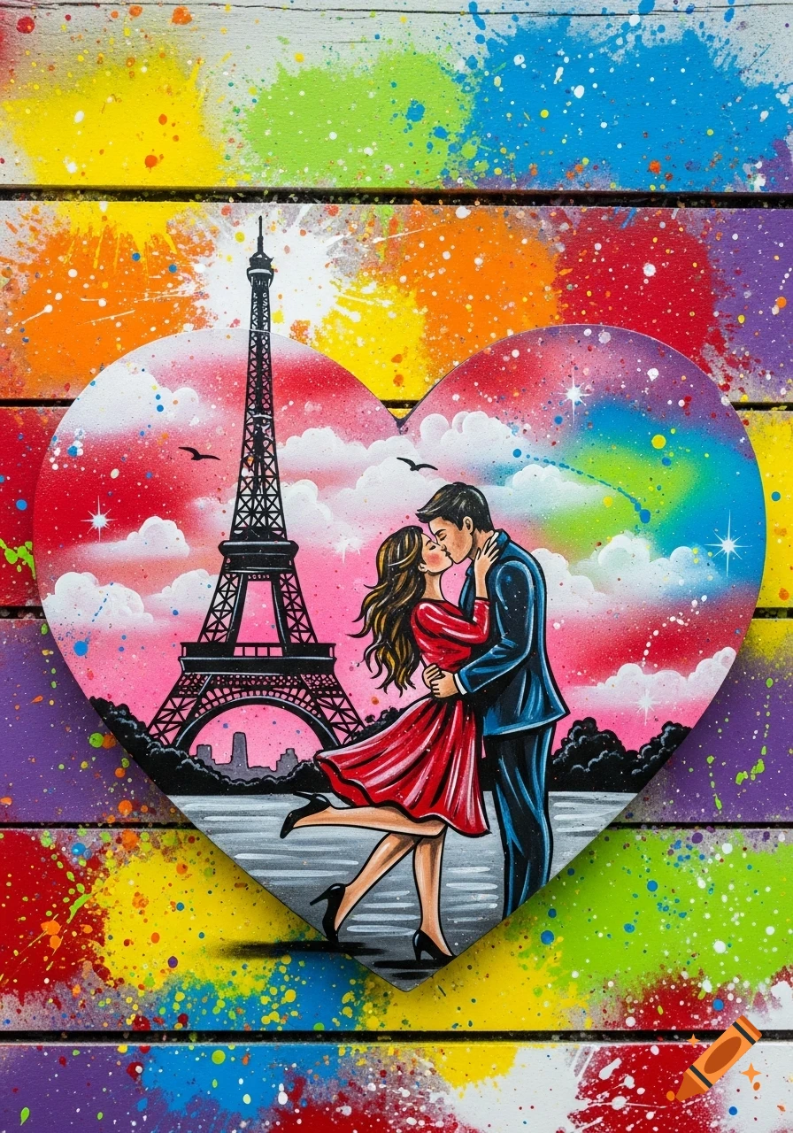 A stylized spray paint art depicting a couple kissing in front of the Eiffel Tower, set inside a heart shape, against a vibrant, paint-splattered wooden background.