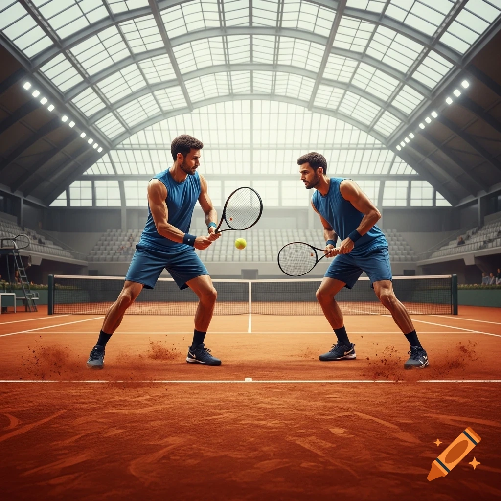 Two male tennis players in blue outfits on a clay court in an indoor stadium, rackets ready.