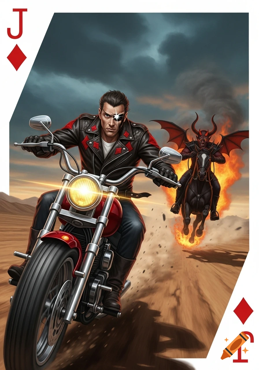 A one-eyed biker on a red motorcycle races across a desert, chased by a red devil with wings on a flaming horse, styled as a Jack of Diamonds card.