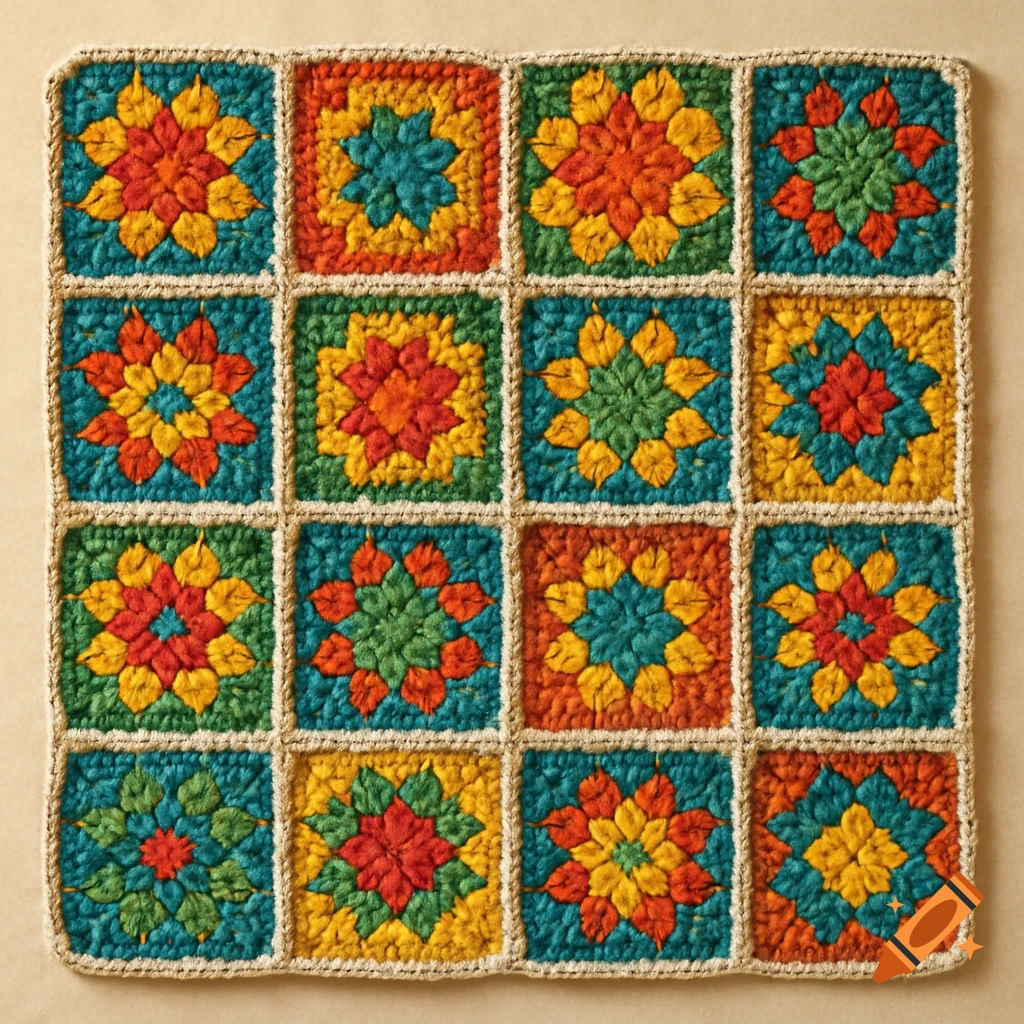 A square grid of colorful crocheted granny squares, each with a floral-like design in teal, orange, yellow, and green, outlined in beige.
