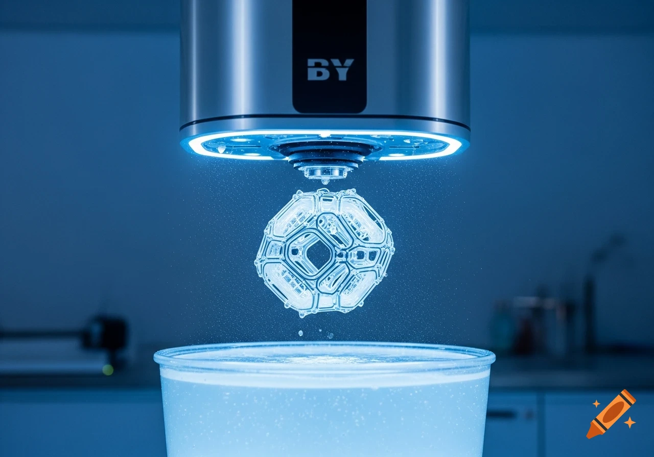 A futuristic device with blue light prints a complex geometric object into a clear liquid, illuminated by cinematic blue lighting.