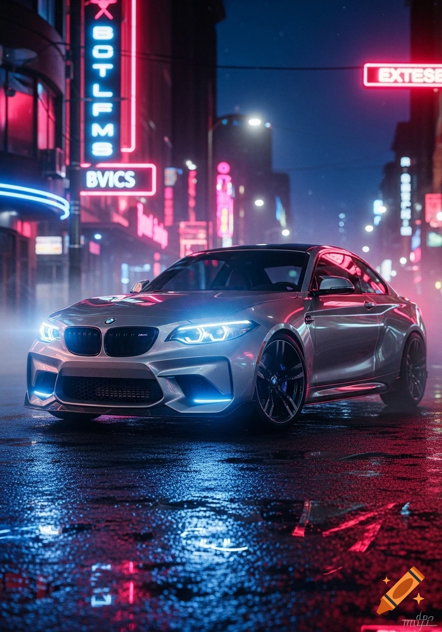 A silver BMW M2 coupé parked on a wet city street at night, illuminated by blue headlights and neon pink and blue city lights reflecting on the pavement.
