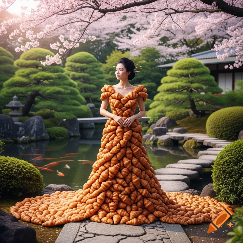 A Japanese woman in a long, flowing dress made of croissants stands in a beautiful cherry blossom-filled Japanese garden with a pond.