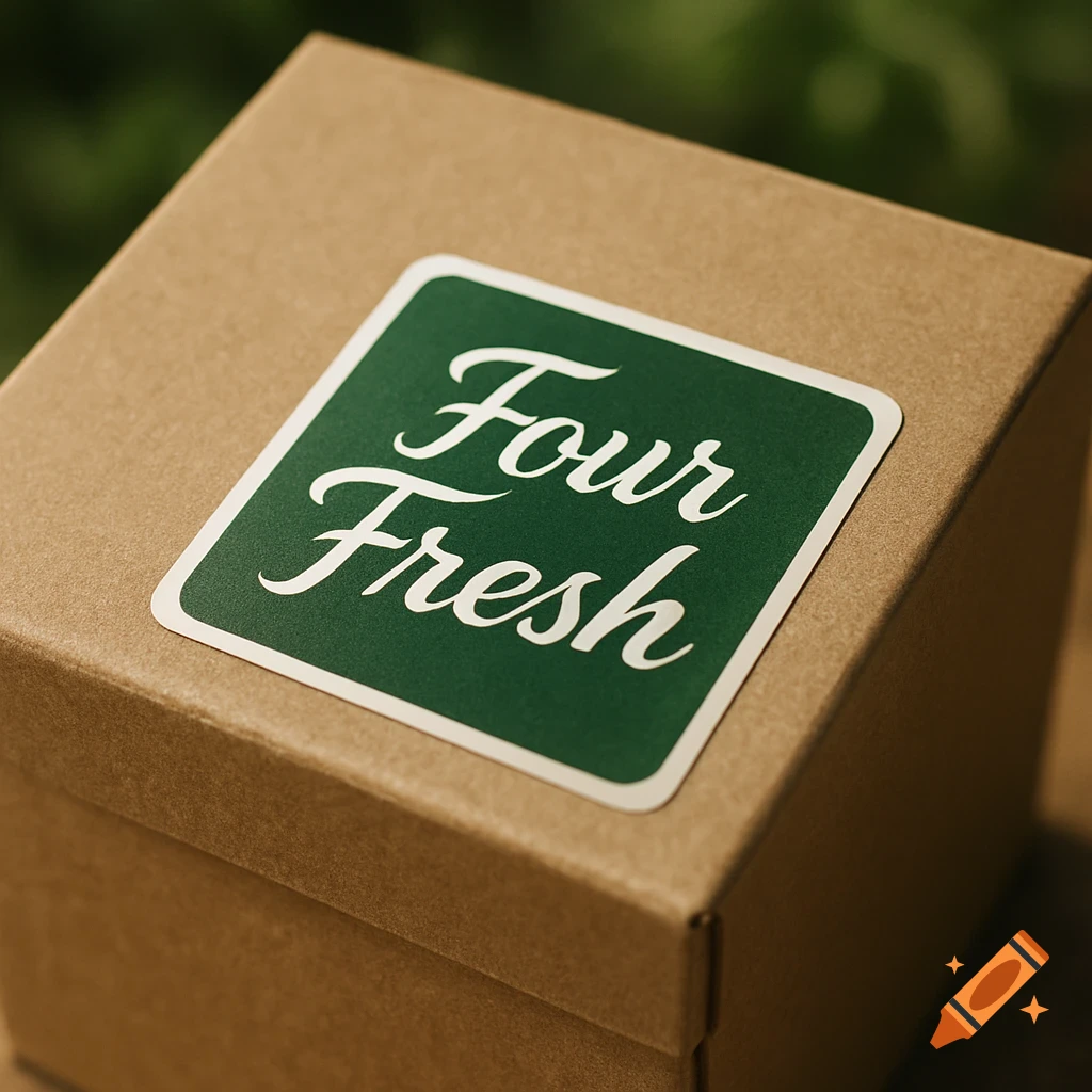 A brown cardboard box with a green and white sticker on top that reads 'Four Fresh' in a white script font.