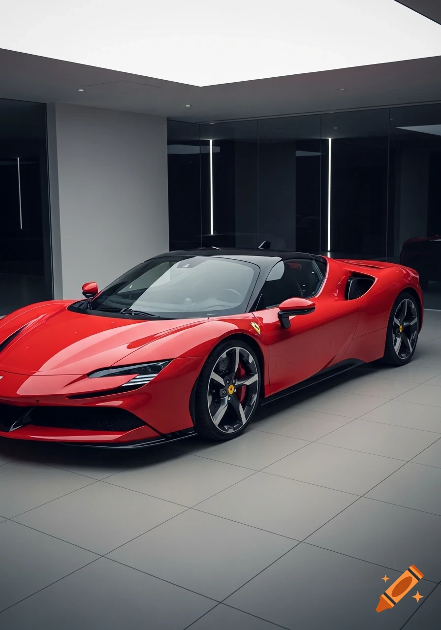 A sleek, red Ferrari SF90 Stradale sports car with a black roof, parked on a tiled floor in a modern, brightly lit garage.