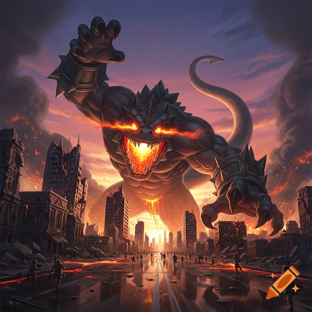 A colossal, muscular, lizard-like monster with glowing red eyes and a fiery mouth attacks a devastated city at sunset. Lava flows through the streets as tiny figures flee.