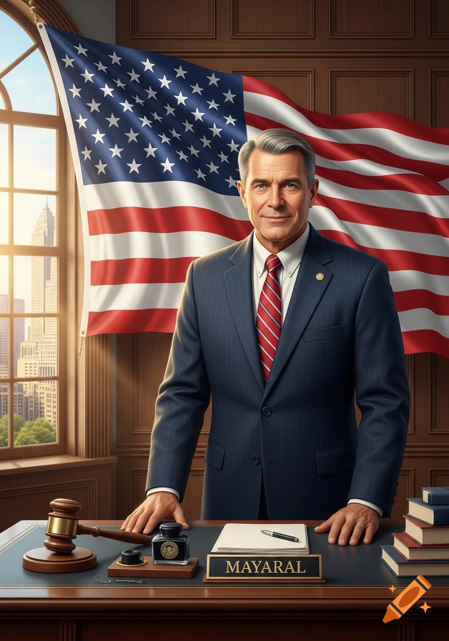 A distinguished man in a suit stands behind a desk with a gavel, inkwell, and a 'MAYARAL' nameplate, an American flag draped behind him in an office with a city view.