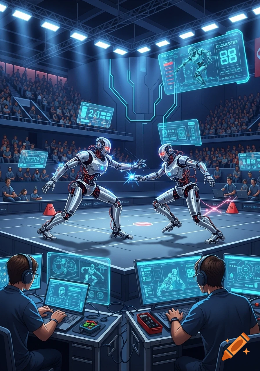 Two robots battle in a futuristic arena, surrounded by cheering spectators and holographic data screens, with human operators at control panels.