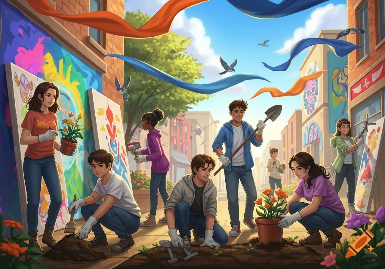 A diverse group of smiling young people engaging in community activities like painting murals and planting flowers in a vibrant street scene with colorful ribbons and birds overhead, in a stylized cartoon art style.