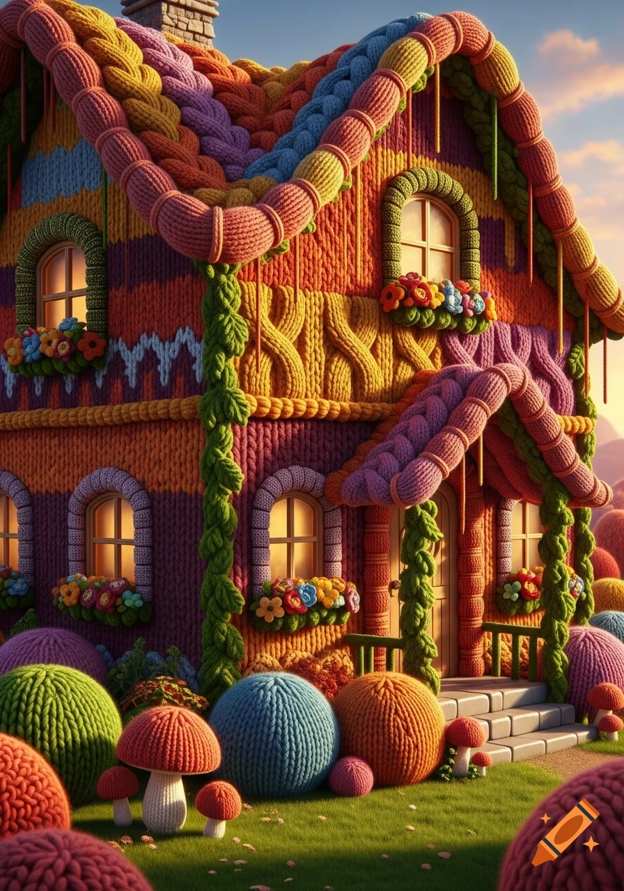 A vibrant, whimsical house made entirely of colorful knitted yarn, surrounded by knitted yarn balls and mushrooms in a grassy landscape.