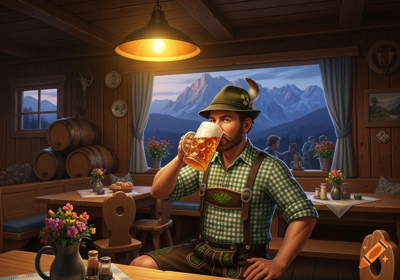 A bearded man in Bavarian lederhosen and a hat drinks beer in a rustic pub, with mountains visible through the window. Photorealistic.